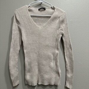 Peruvian Connection women’s large ribbed  Cream Ribbed V-Neck Sweater,minimalist